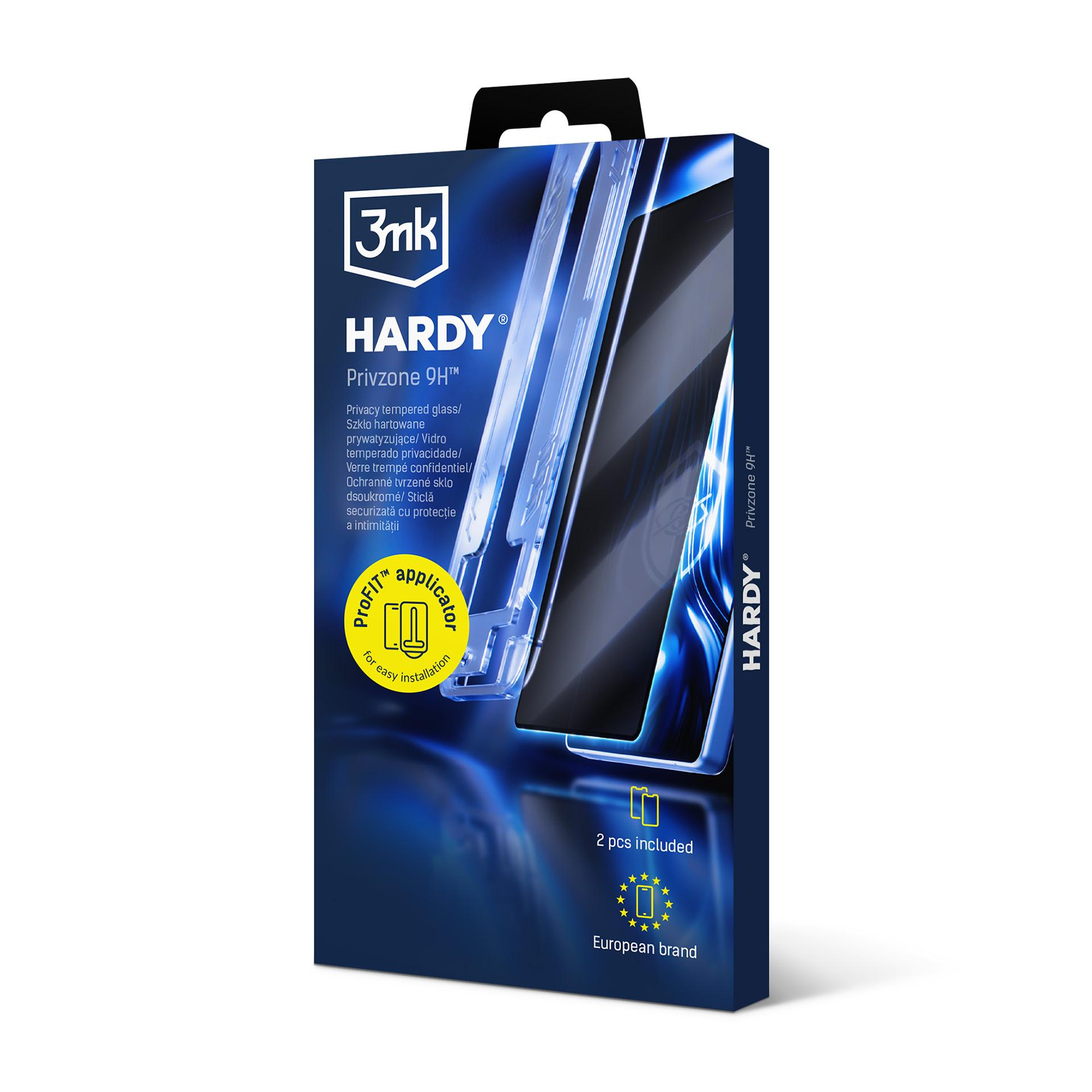 Pudełko z ochraniaczem ekranu. Czarno-niebieski design. Tekst: Hardy Privzone 9H. Zawiera dwie sztuki i logo europejskiej marki.