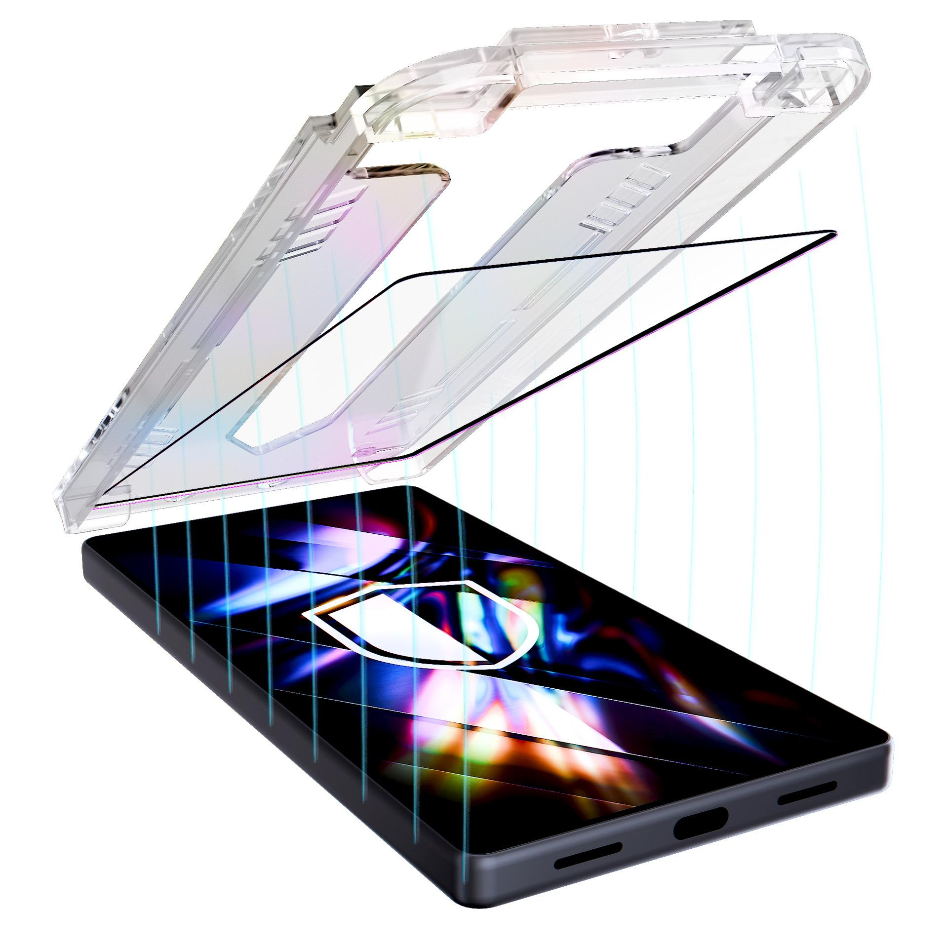 Pokazano telefon z etui ochronnym. Etui jest przezroczyste, a ekran telefonu wyświetla kolorowy wzór.