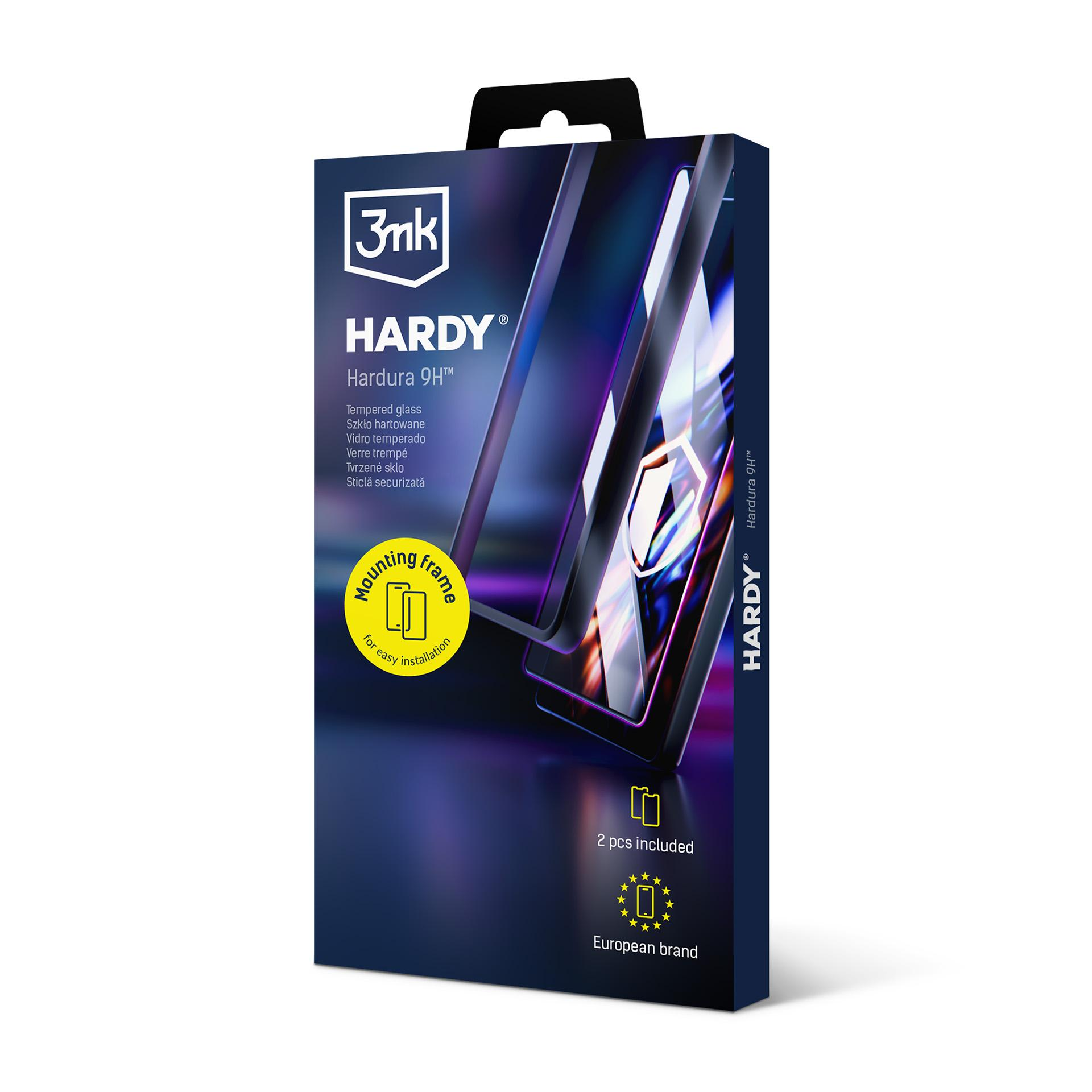 Pudełko z ochroną ekranu telefonu. Pokazuje nazwę produktu, markę i zdjęcie ochraniacza na telefonie.