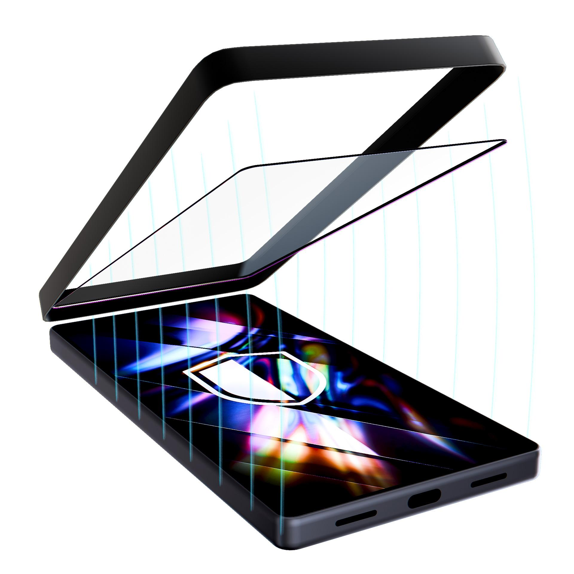 Telefon z ochraniaczem ekranu. Czarny telefon z kolorowym ekranem, ramka ochronna podniesiona. Pionowe niebieskie linie.