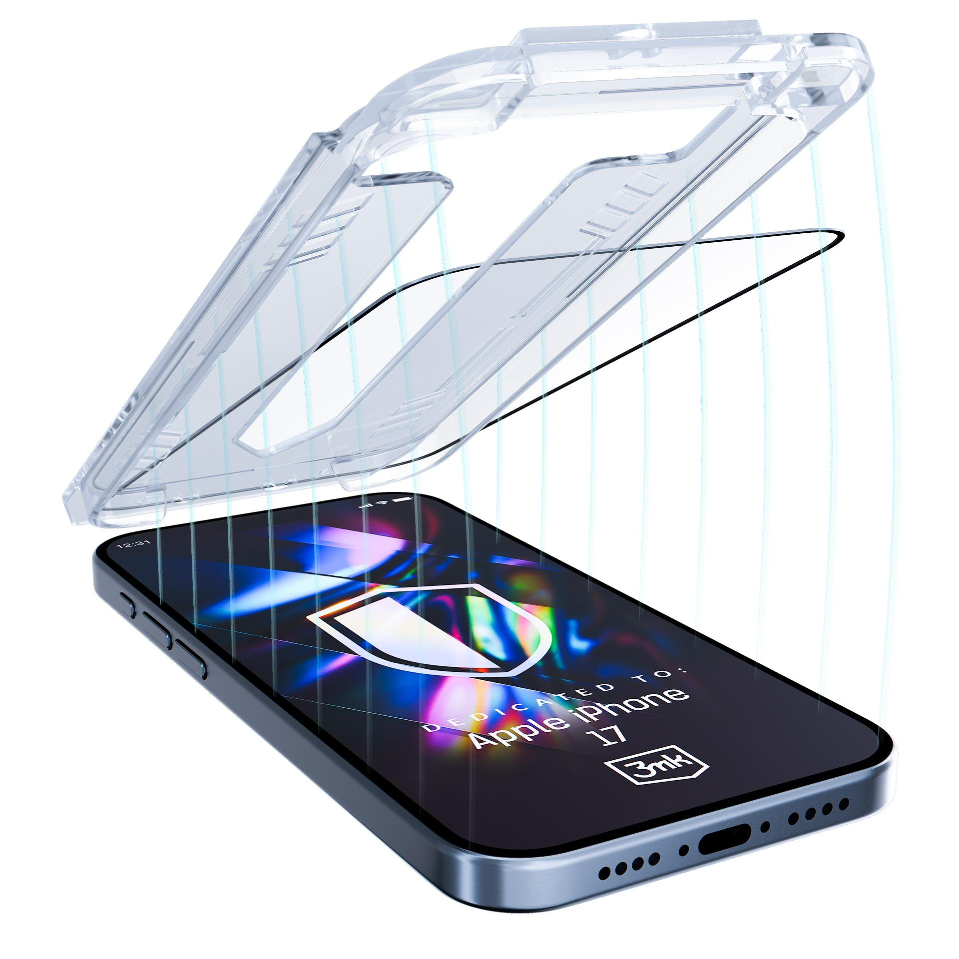 iPhone 17 z przezroczystym etui i ochraniaczem ekranu. Ekran wyświetla tekst i logo.