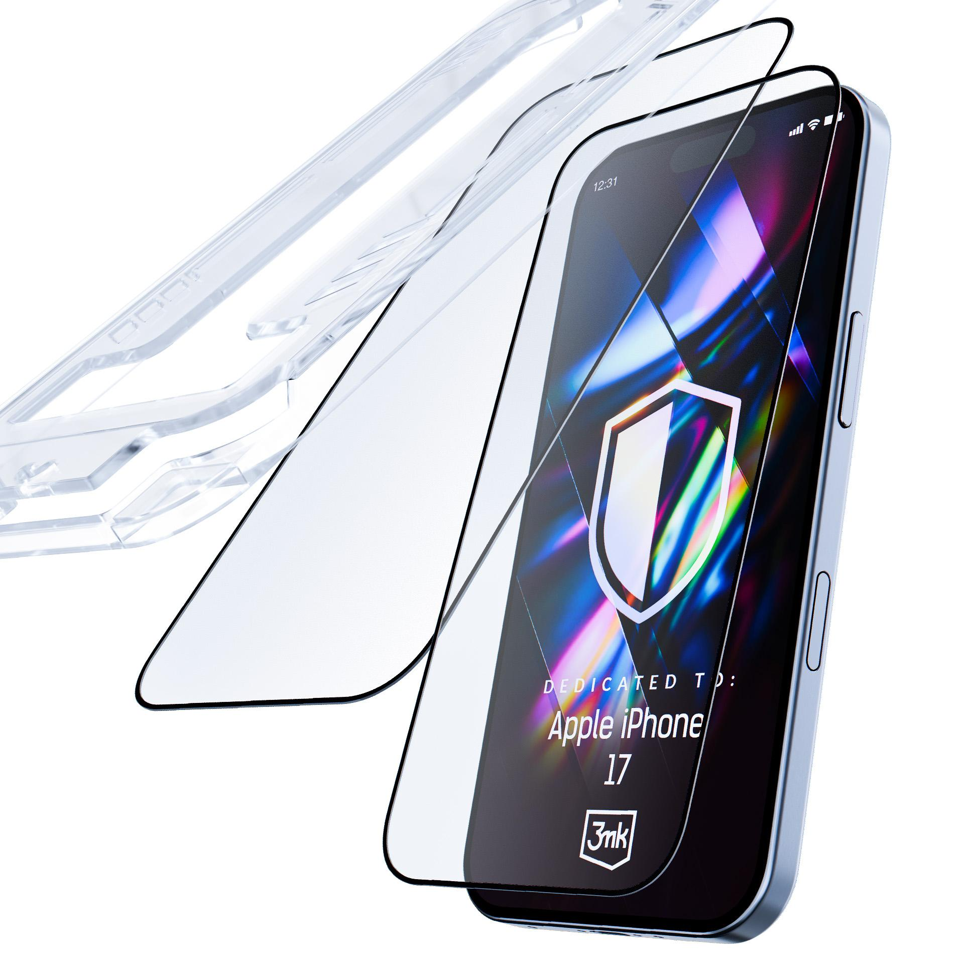 iPhone 17 z ochraniaczem ekranu i etui. Ekran pokazuje logo tarczy. Przezroczyste etui i ochraniacz są widoczne.