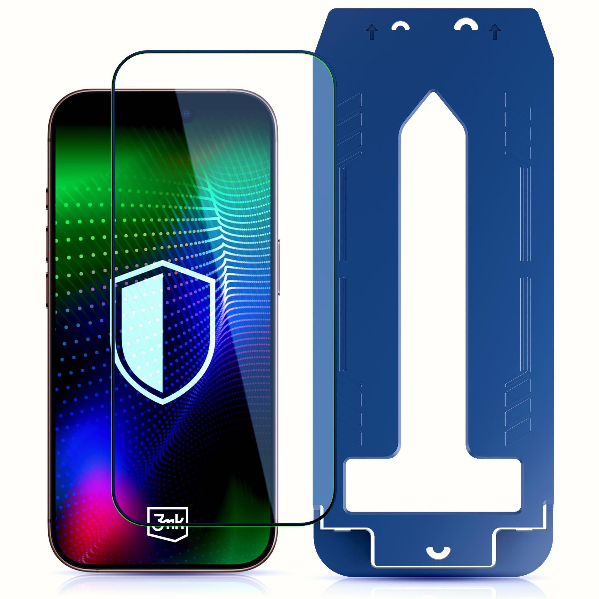 Telefon z ochraniaczem ekranu, niebieskie narzędzie do wyrównywania. Telefon wyświetla ikonę tarczy.