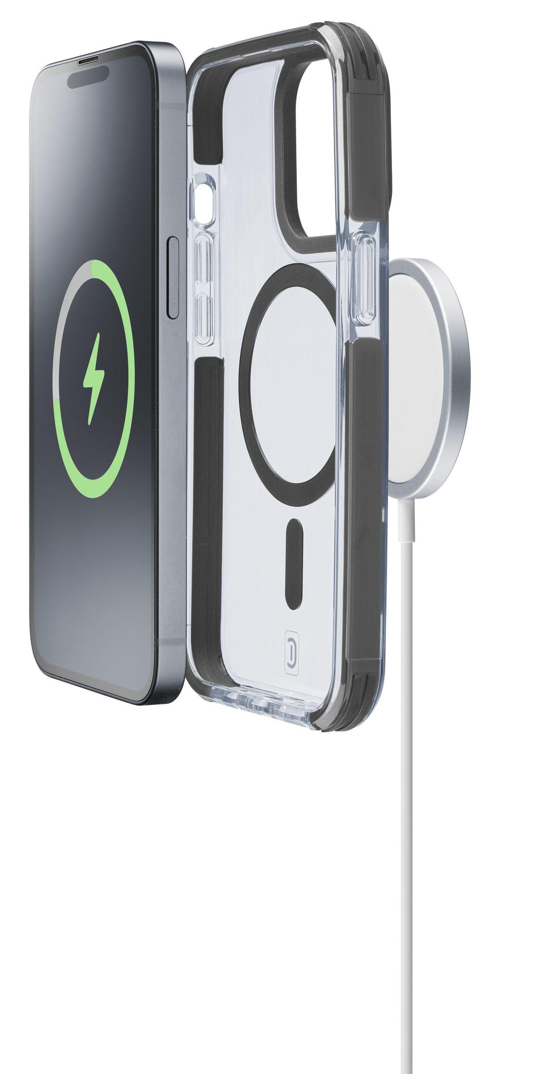 Ein iPhone mit Ladesymbol, eine transparente Handyhülle und ein weißes Ladegerät vor weißem Hintergrund.