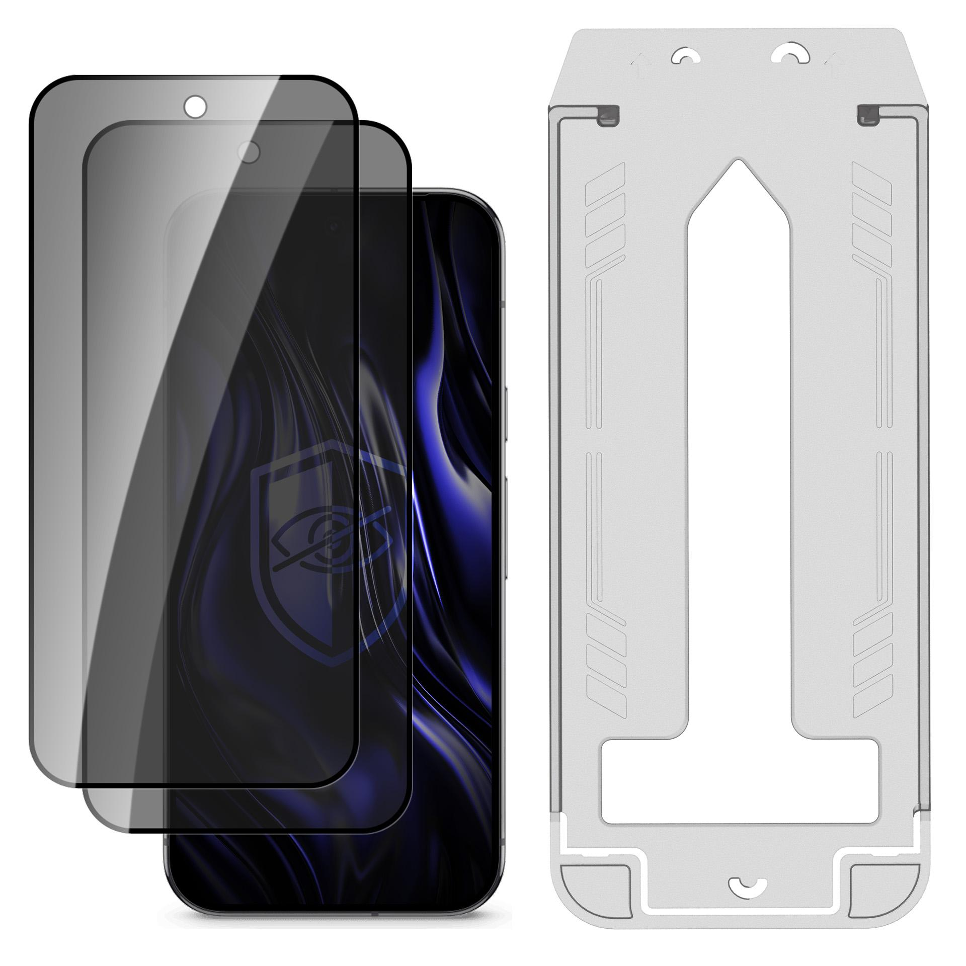 Telefon z ochraniaczami ekranu i srebrnym stojakiem. Telefon ma ciemny ekran i logo.