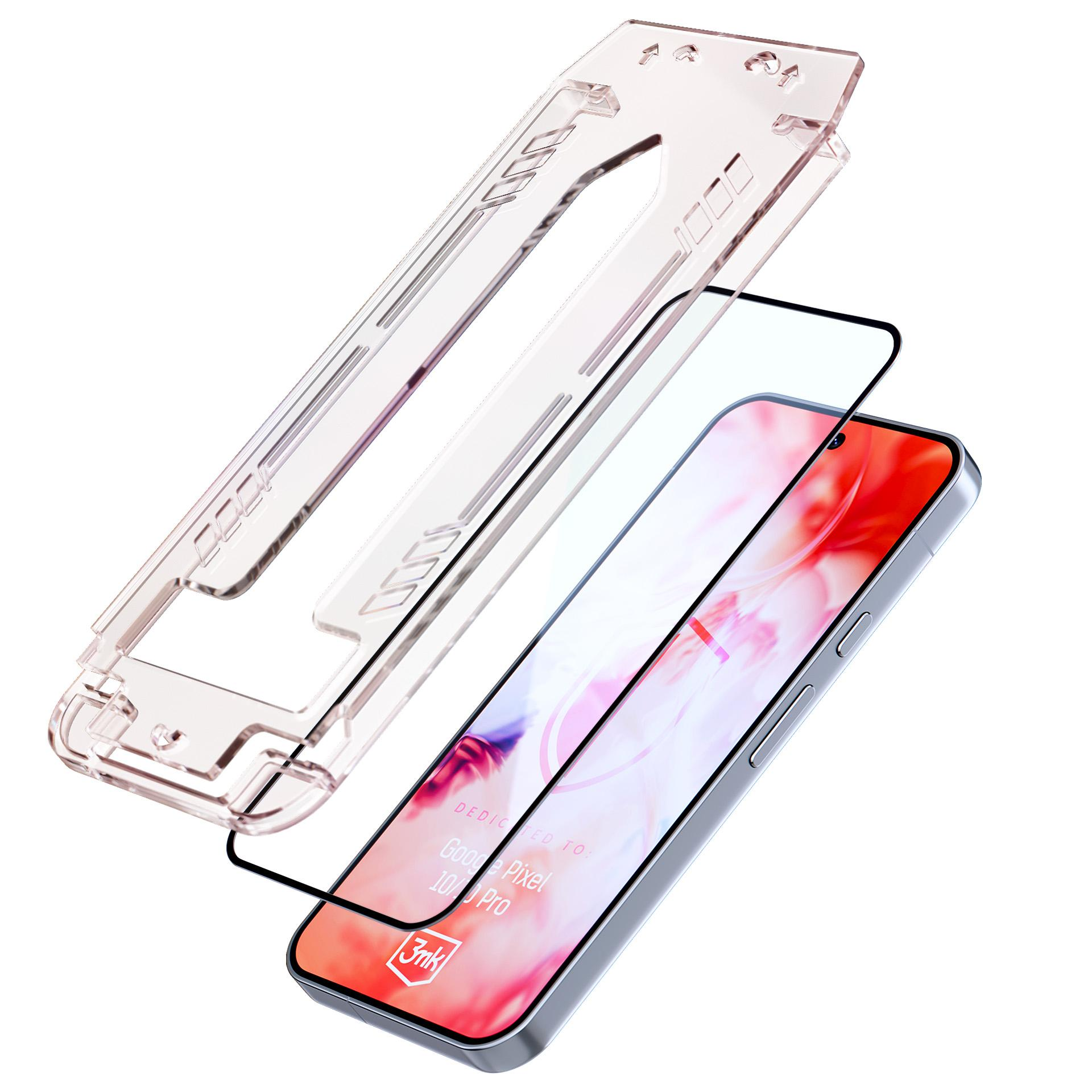 Telefon z ochroną ekranu i etui. Telefon ma różowy wzór na ekranie. Etui i ochrona są przezroczyste.