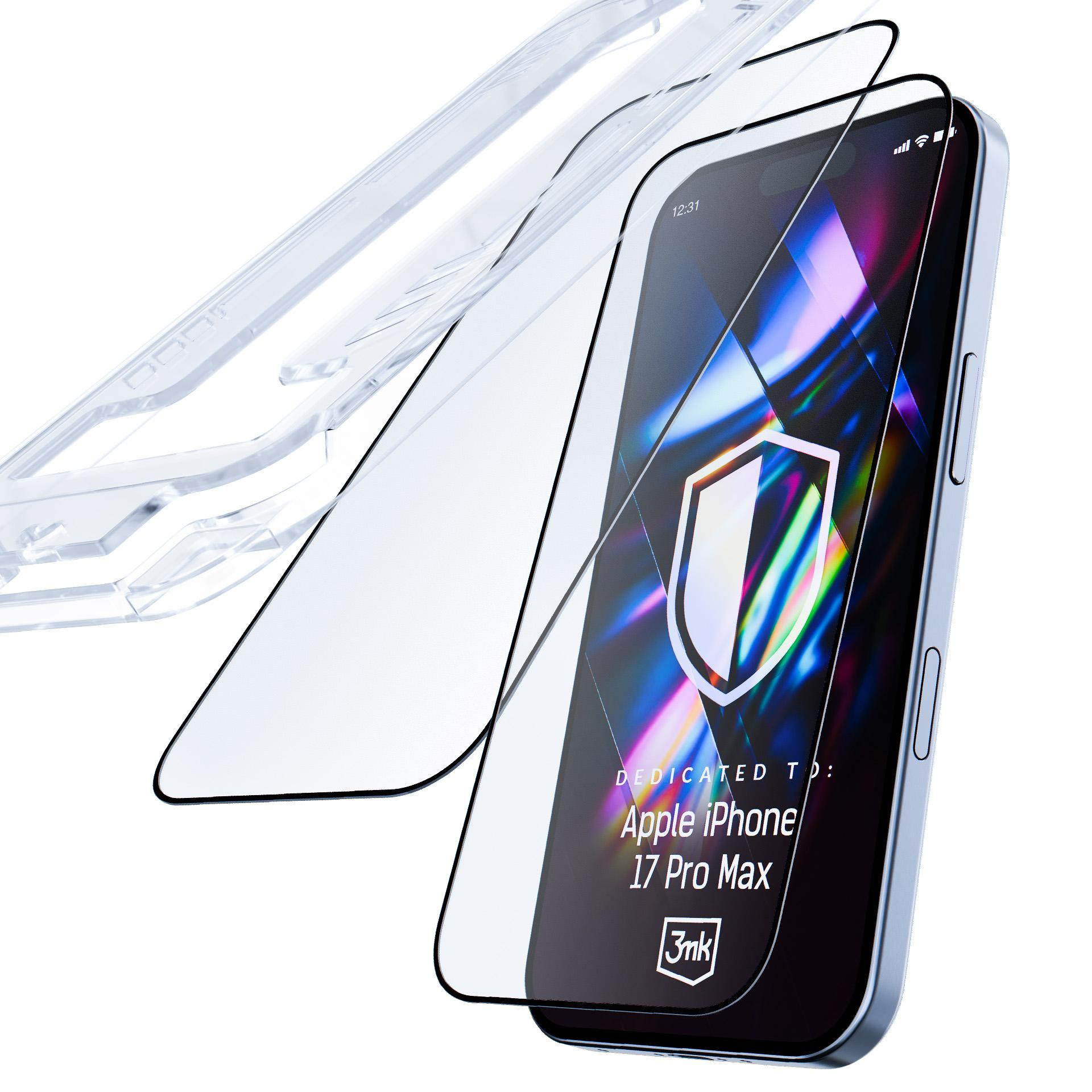 Telefon z ochraniaczami ekranu. Ekran pokazuje logo tarczy. Tekst: 'Apple iPhone 17 Pro Max'.
