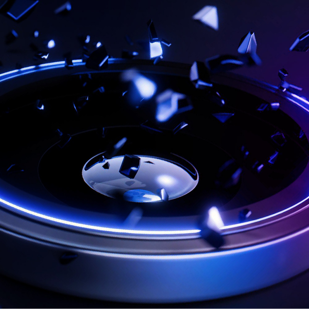 Abstrakcyjne zdjęcie okrągłej struktury z unoszącymi się kawałkami szkła. Niebieskie i fioletowe neony oświetlają scenę.