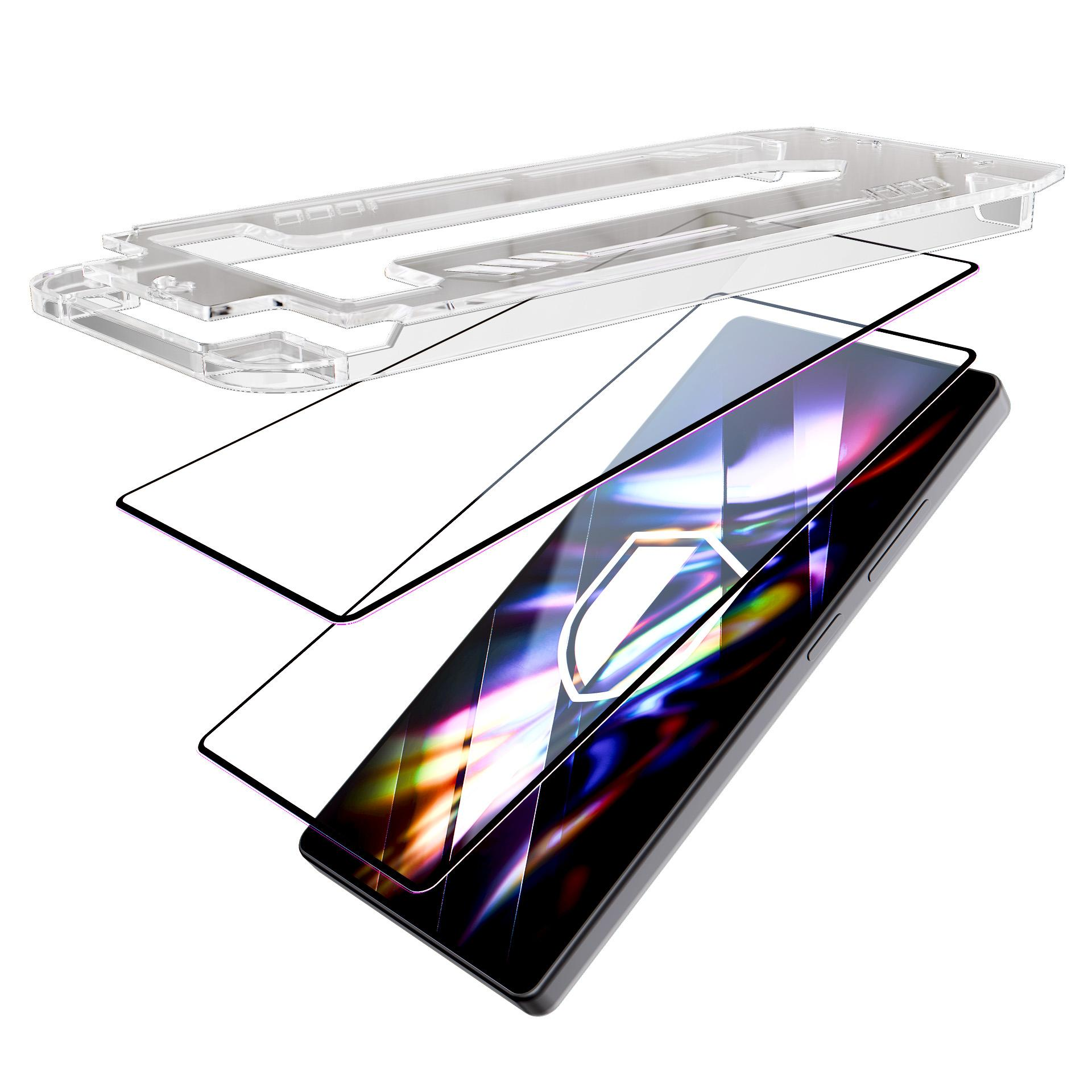 Telefon z ochraniaczem ekranu i etui, pokazujący warstwy. Ekran wyświetla kolorowy wzór, w kształcie tarczy.