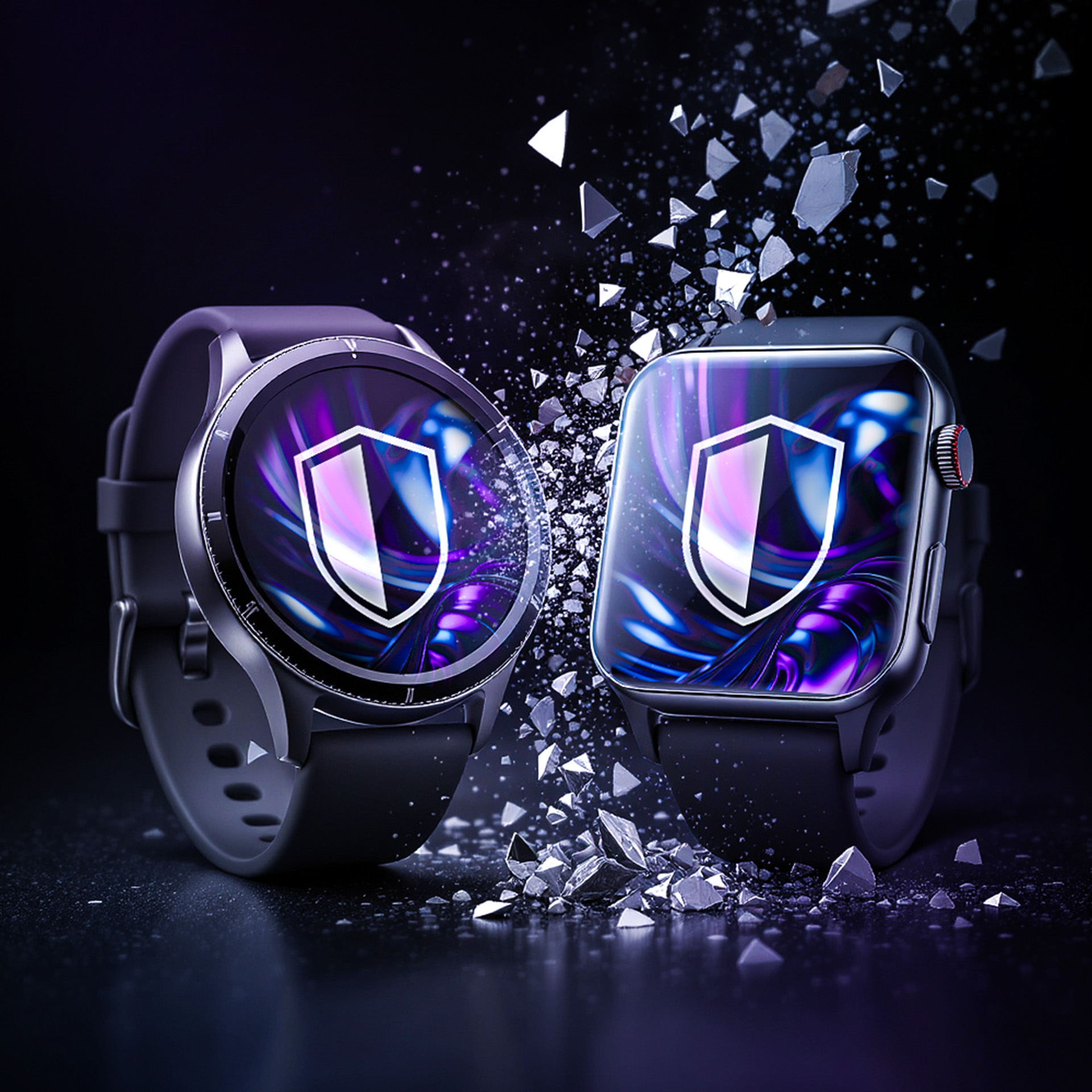Dwa smartwatche z ikonami tarczy, odłamki szkła. Ciemne tło z fioletowymi i niebieskimi odcieniami. Skupienie na bezpieczeństwie.