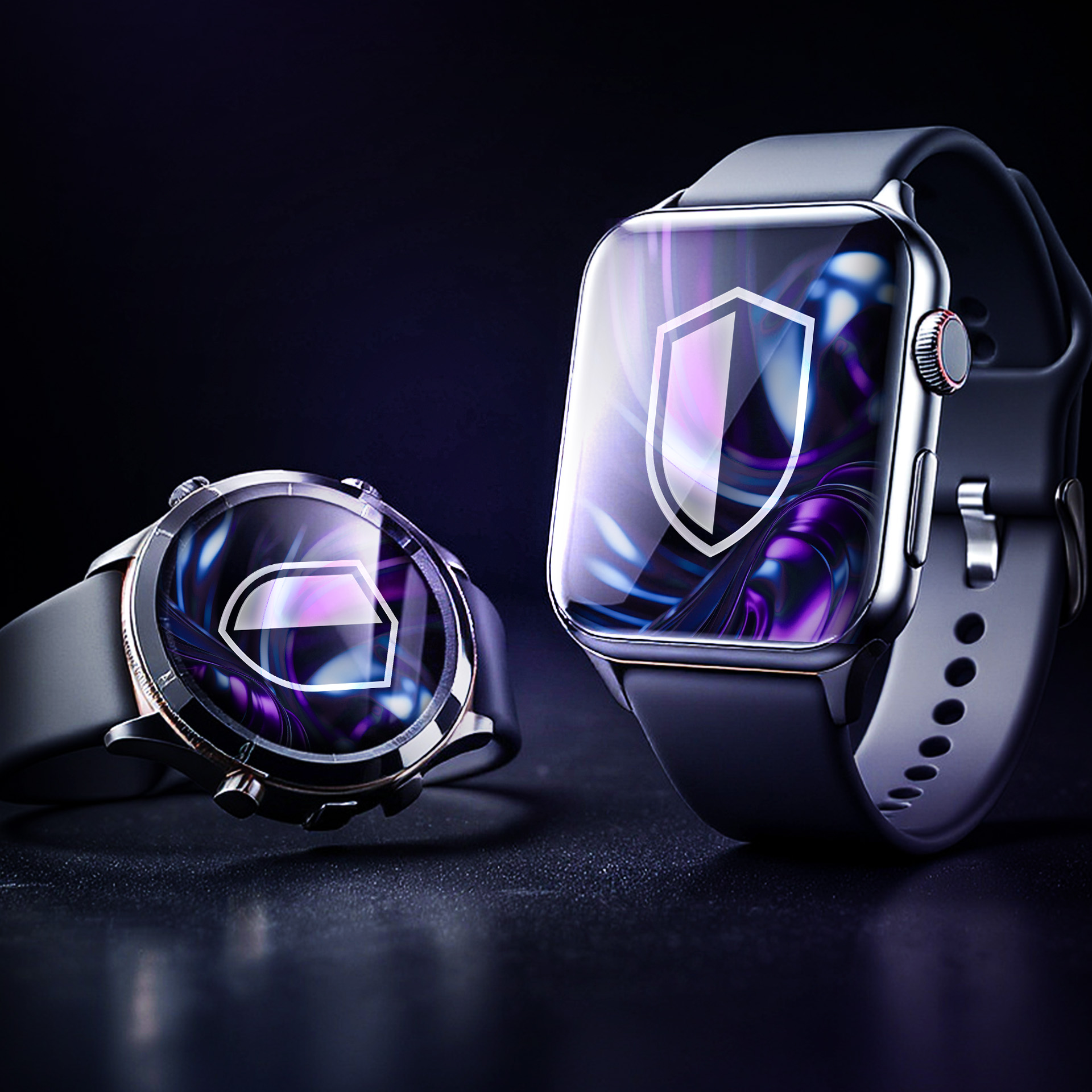 Dwa smartwatche na ciemnej powierzchni. Jeden okrągły, drugi kwadratowy. Oba wyświetlają ikony tarczy. Czarne paski i srebrne obudowy.