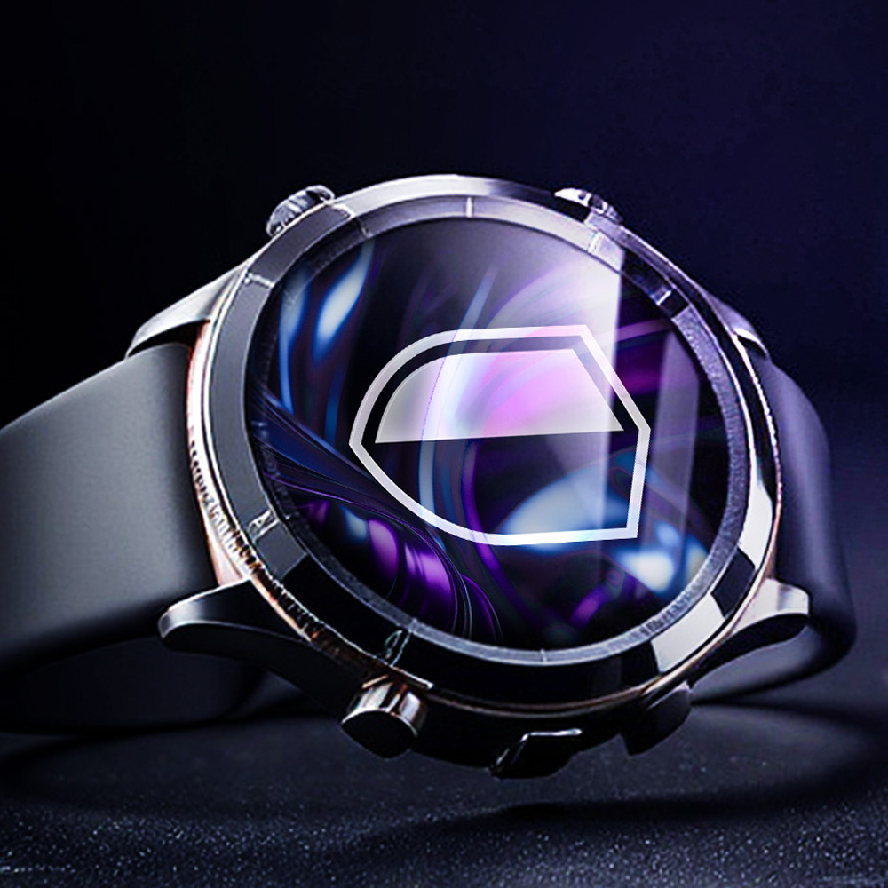 Zbliżenie smartwatcha z czarnym paskiem, srebrną ramką i ekranem wyświetlającym biały kształt na fioletowym tle.