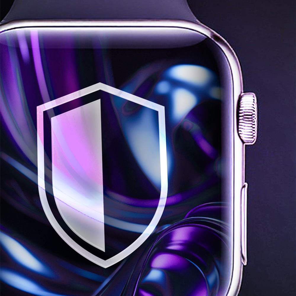 Zbliżenie smartwatcha z ikoną tarczy na ekranie. Tło ma fioletowe i niebieskie wzory faliste.