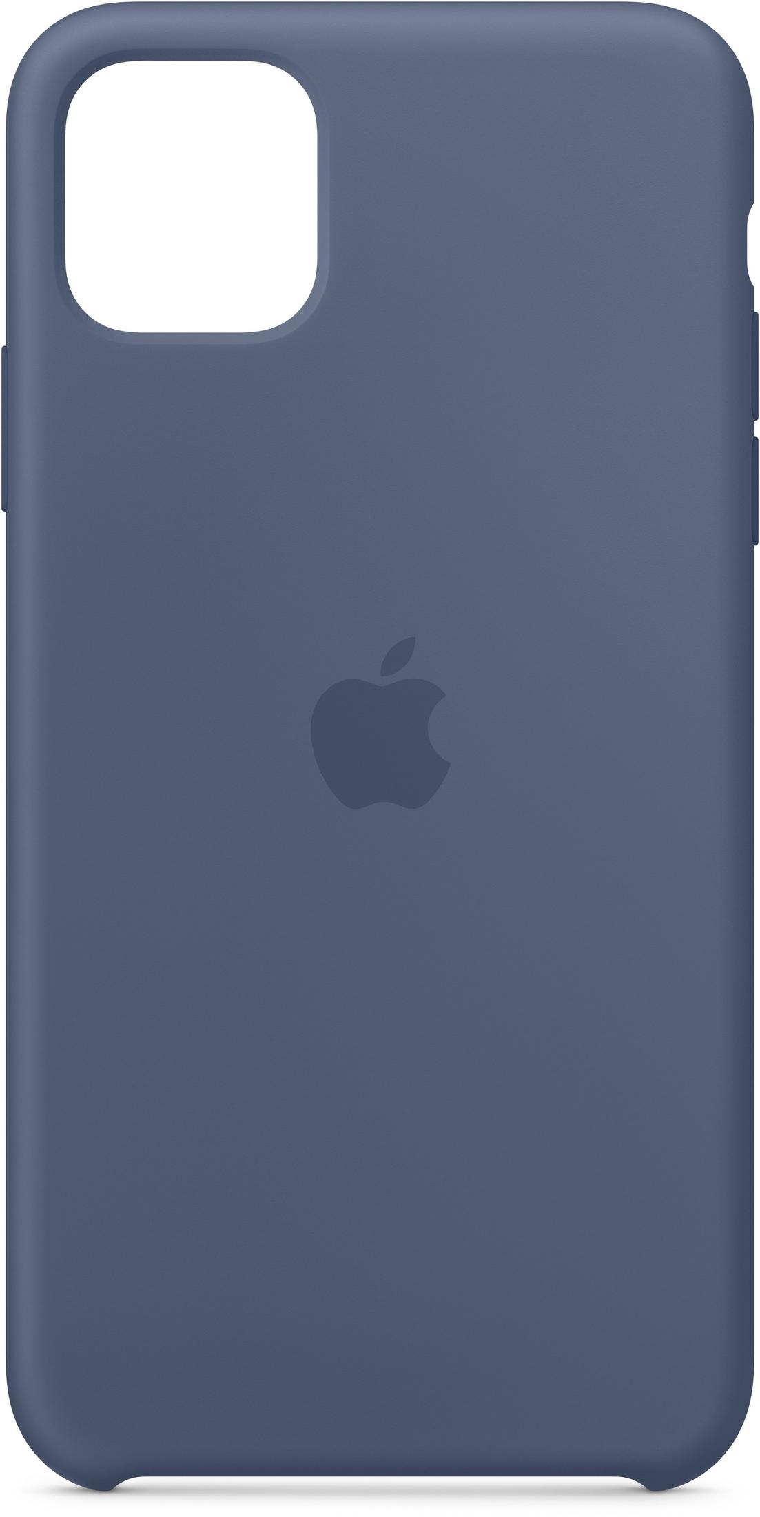 Una custodia per telefono blu scuro. Il logo Apple è al centro. L'intaglio della fotocamera è in alto.