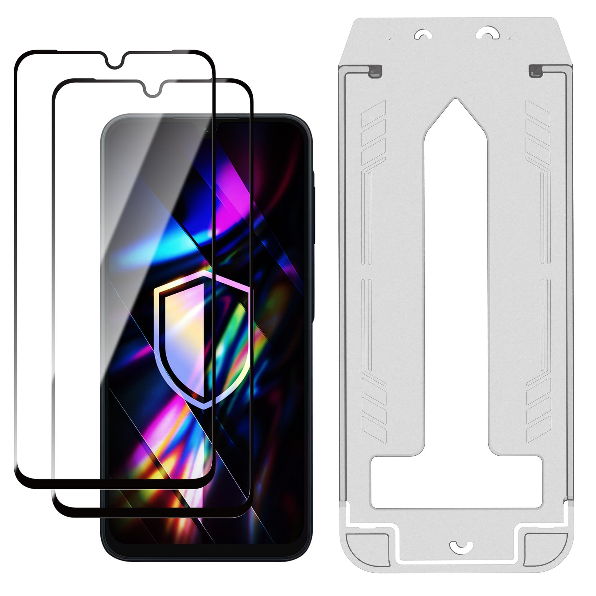 Telefon z ochroną ekranu i podstawką, ekran wyświetla kolorowy obraz z ikoną tarczy.