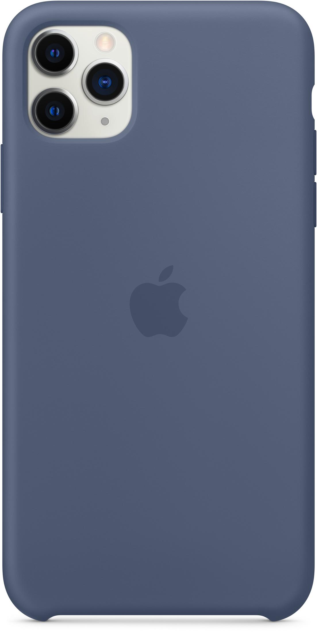 Una custodia per iPhone blu scuro. Ha il logo Apple al centro e un modulo fotocamera a tripla lente in alto.