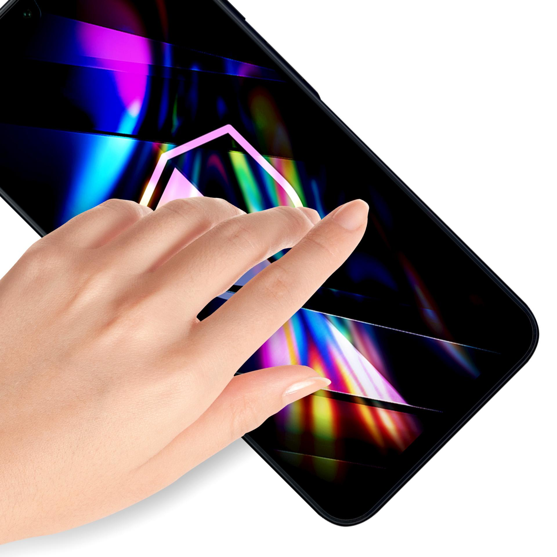 Dłoń dotyka ekranu telefonu. Ekran wyświetla kolorowy, abstrakcyjny wzór z kształtami.