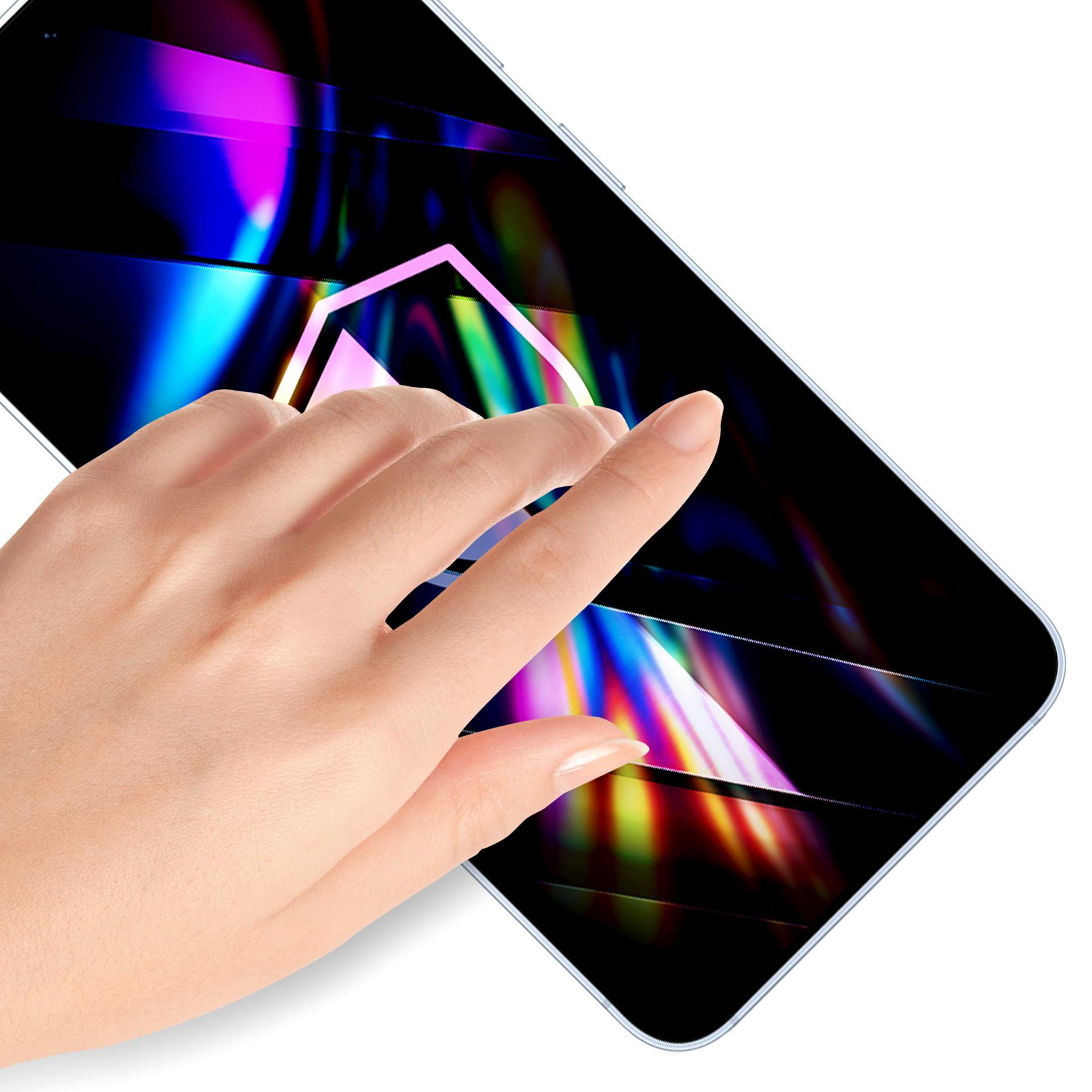 Ręka dotykająca ekranu telefonu. Ekran wyświetla kolorowy, abstrakcyjny wzór. Białe tło.