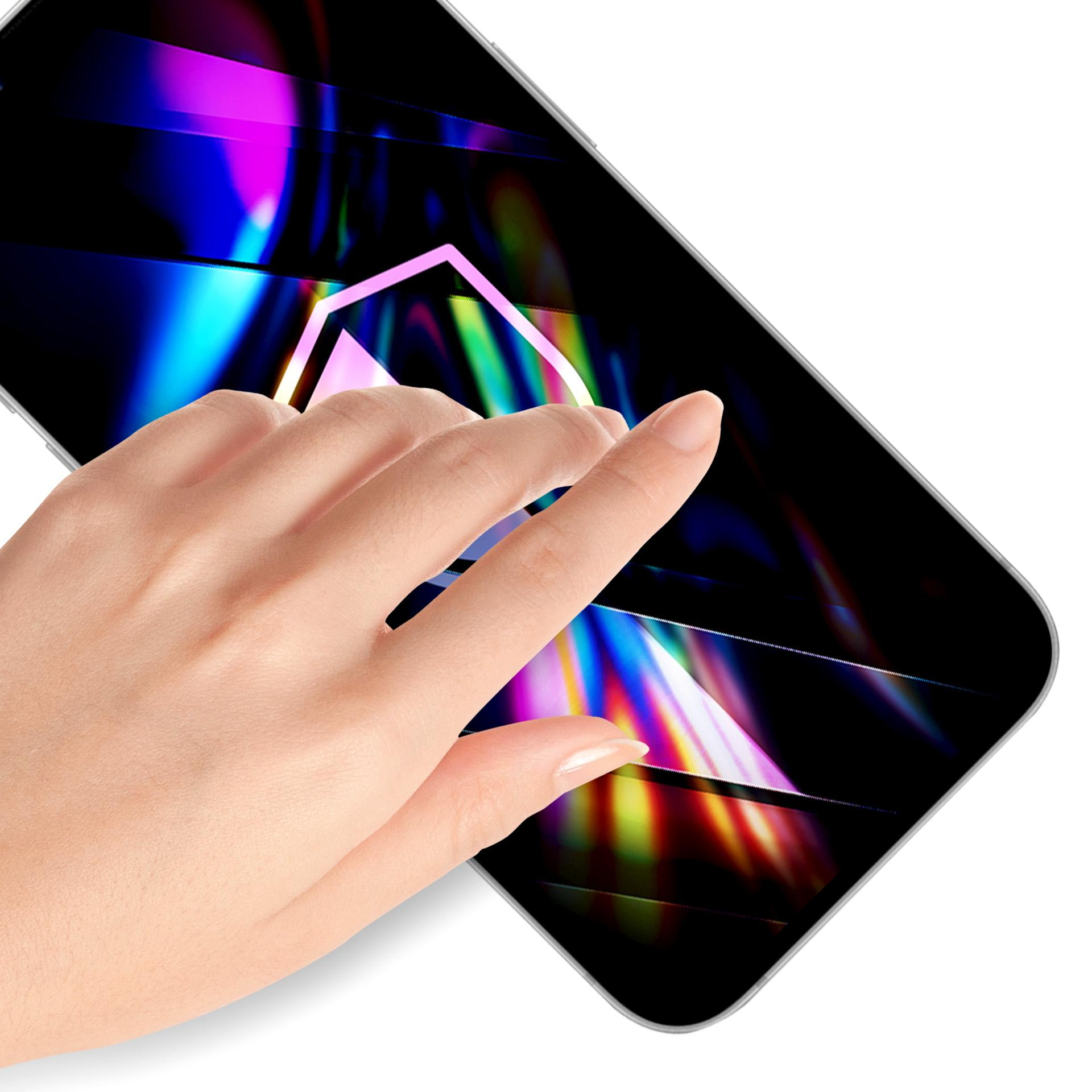 Dłoń dotyka ekranu smartfona z kolorowym, abstrakcyjnym wzorem. Tło jest białe.