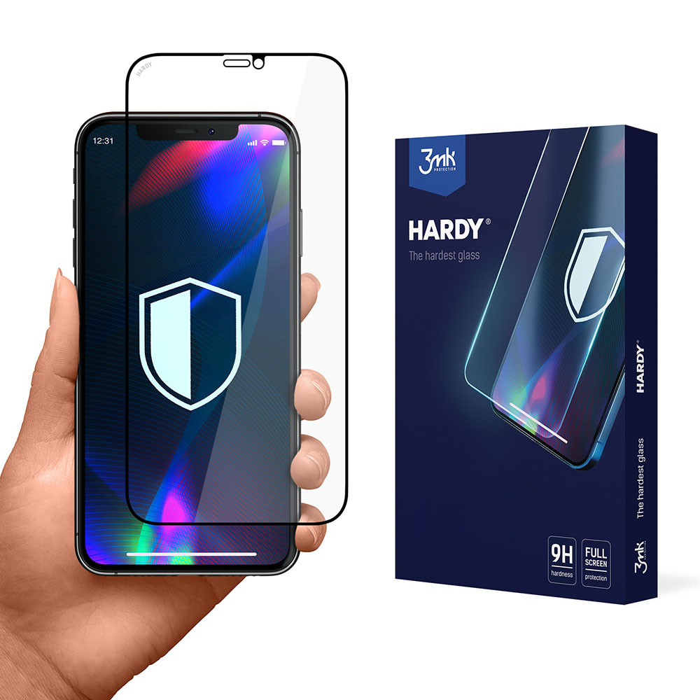 Mano che tiene uno smartphone con protezione schermo. A destra una scatola con la scritta 'HARDY'.