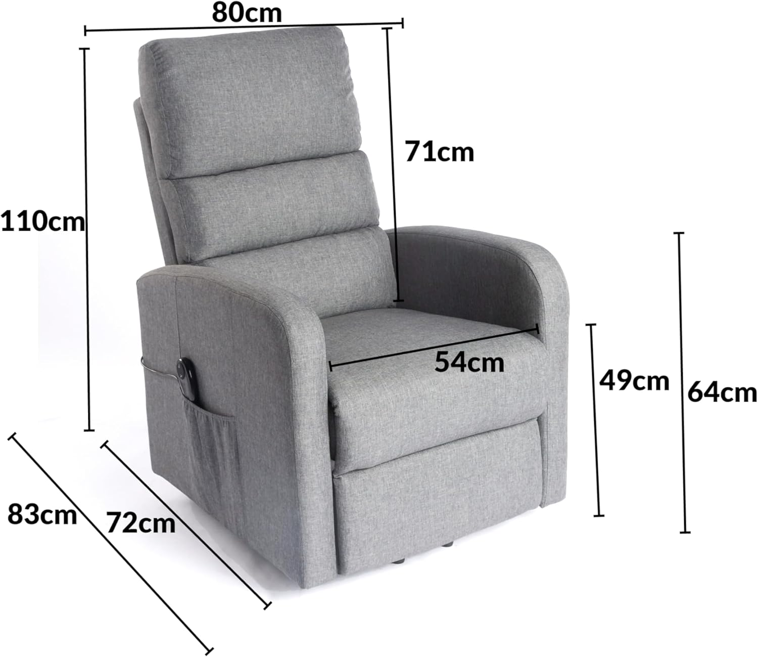 Un sillón reclinable gris con dimensiones: 110cm alto, 80cm ancho, 83cm profundo, 72cm profundidad asiento, 71cm altura respaldo, 54cm ancho asiento.