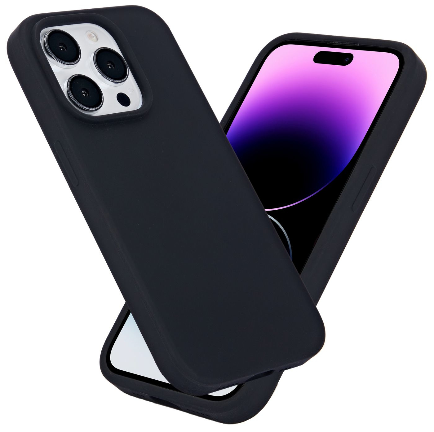 Due custodie nere per telefono, una con un telefono all'interno, che mostra uno schermo con sfumatura viola. Entrambe le custodie sono nere.