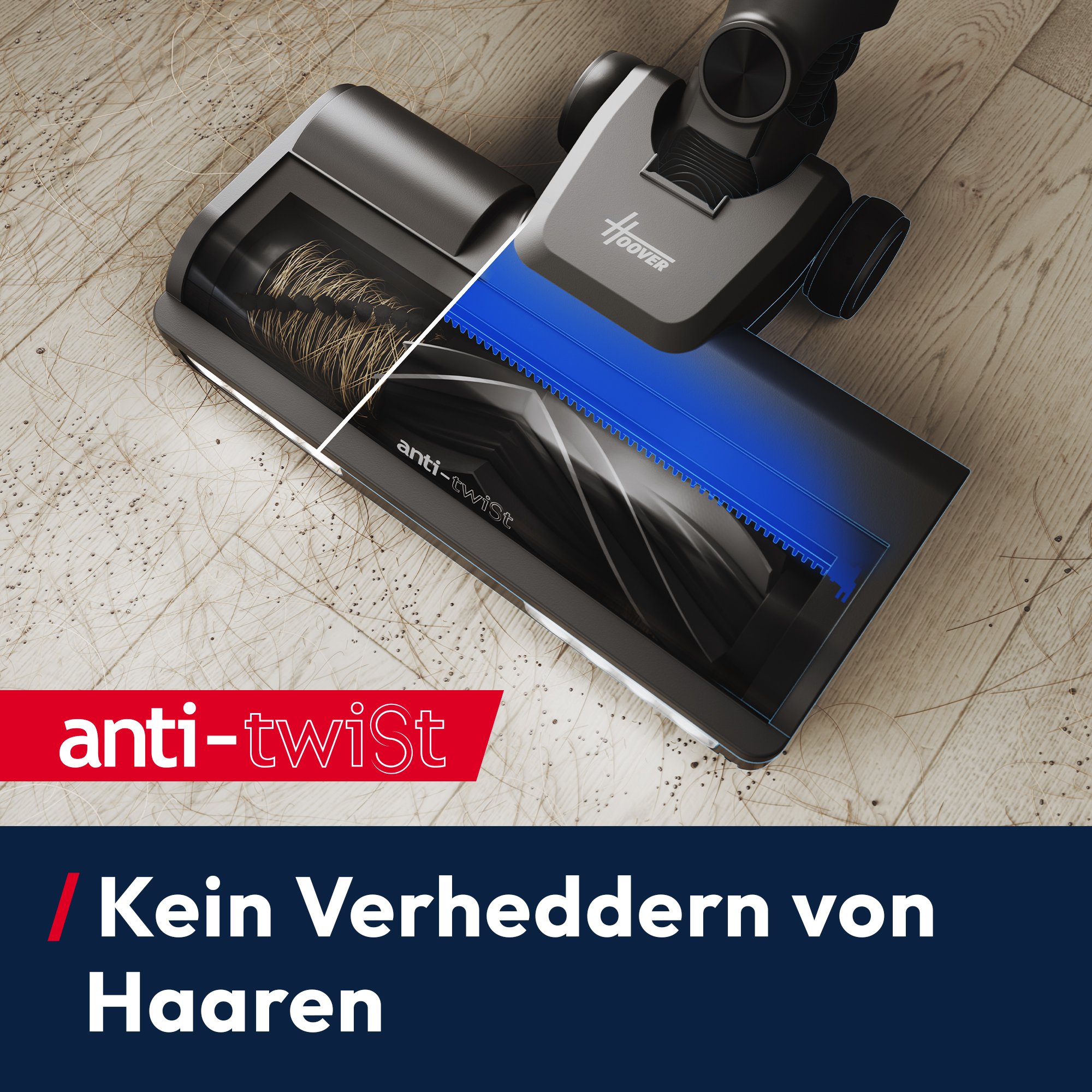 Nahaufnahme eines Staubsaugerkopfes mit Anti-Tangle-Funktion. Haare und Schmutz auf dem Holzboden.