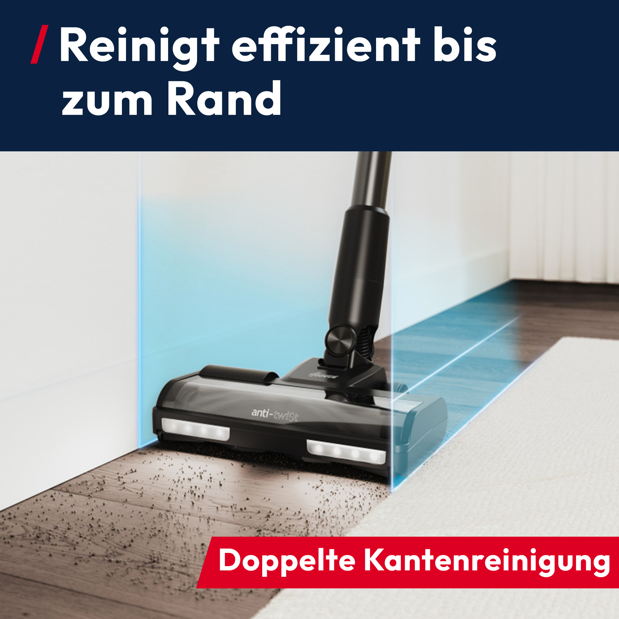 Ein schwarzer Staubsauger reinigt die Kante einer Wand und einen weißen Teppich auf einem braunen Boden. Text oben und unten.
