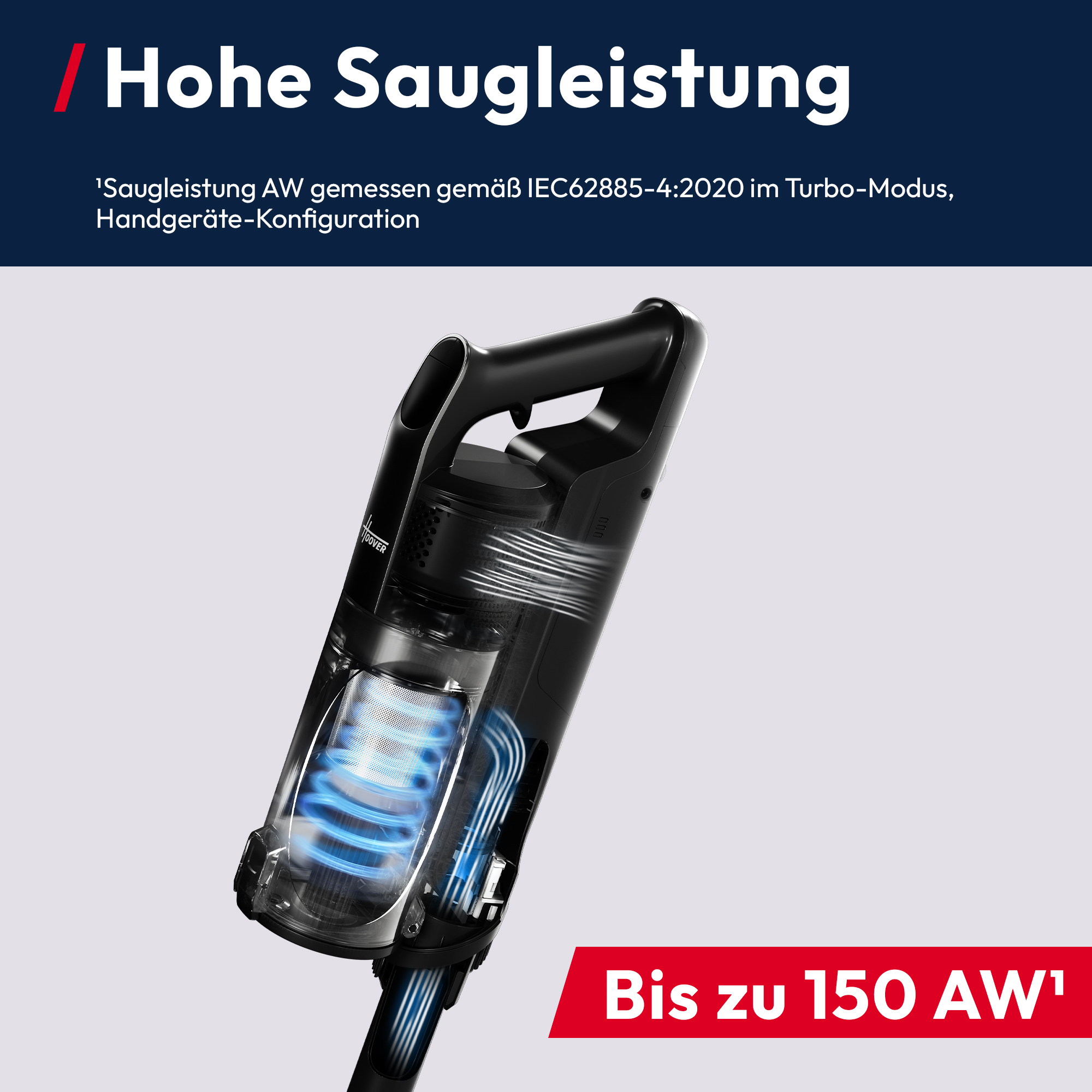 Ein schwarzer Staubsauger mit transparenten Teilen, die die innere Mechanik zeigen, Text auf Deutsch. Die Worte 'Hohe Saugleistung' sind sichtbar.