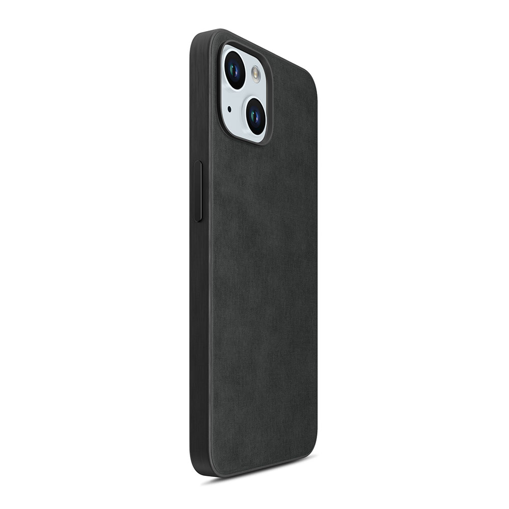 Pokazano ciemnoszarą obudowę iPhone'a z teksturowaną powierzchnią. Obudowa ma wycięcia na aparat i boczny przycisk.