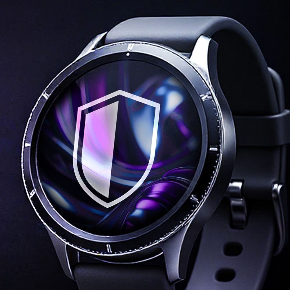 Zbliżenie smartwatcha z ikoną tarczy na ekranie, otoczone ciemnym tłem. Zegarek jest czarny i srebrny.