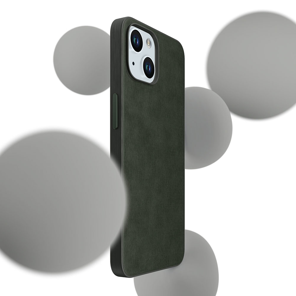 Ciemnozielone etui na telefon z modułem kamery, otoczone rozmytymi szarymi kulami na białym tle.