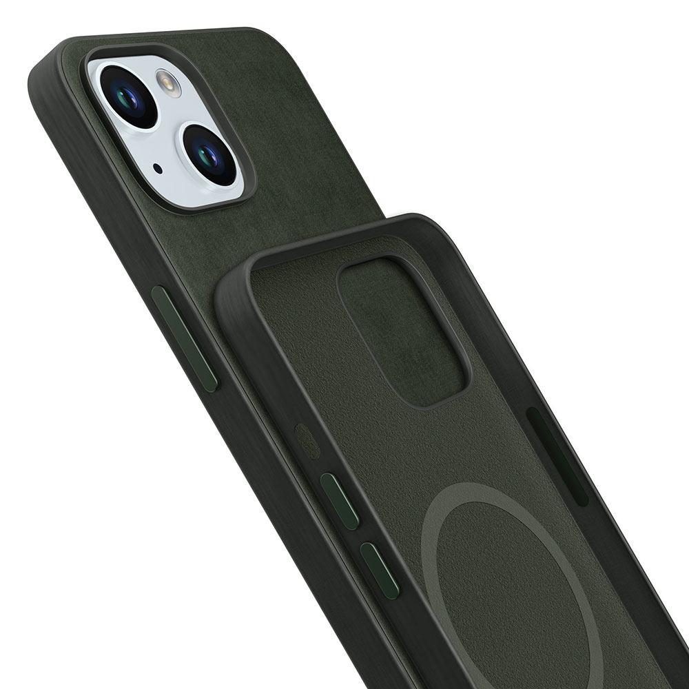 Zbliżenie na ciemnozielone etui na telefon. Obudowa jest pod kątem, ukazując wycięcia na aparat i wnętrze. Teksturowana powierzchnia, widoczne boczne przyciski.