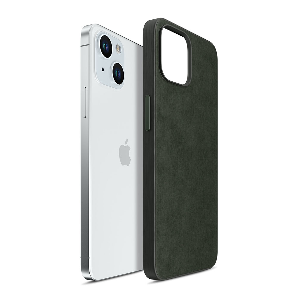iPhone z zielonym etui na białym tle. Telefon jest srebrny i biały, a etui ciemnozielone.