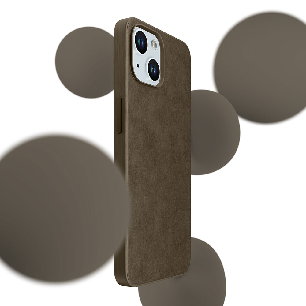 Brązowe etui na telefon z modułem aparatu. Kilka rozmytych szarych sfer w tle na białym tle.