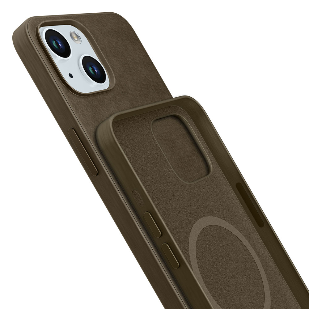 Zbliżenie brązowego etui na telefon z iPhonem. Etui ma wycięcia na aparat i boczne przyciski. Tło jest białe.