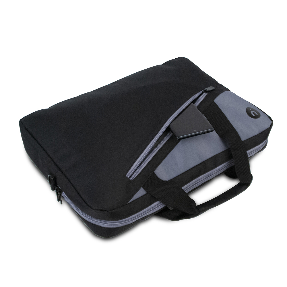 Borsa per laptop nera e grigia, aperta per rivelare un telefono all'interno. La borsa ha una cerniera e un manico, su sfondo bianco.