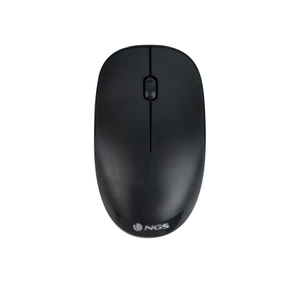 Un mouse per computer nero con rotella di scorrimento e pulsanti di clic sinistro/destro. Il marchio 'NGS' è visibile in basso.