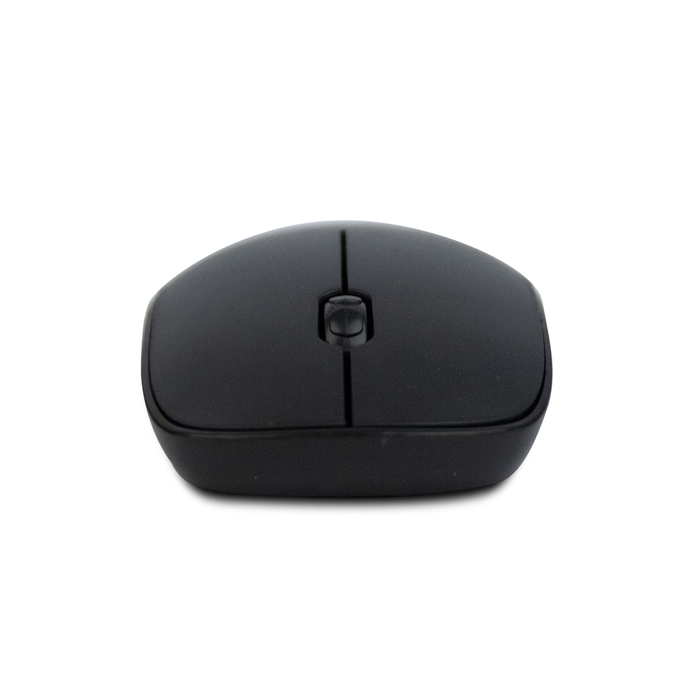 Un mouse per computer nero è centrato su uno sfondo bianco. Il mouse ha una rotella di scorrimento e due pulsanti.