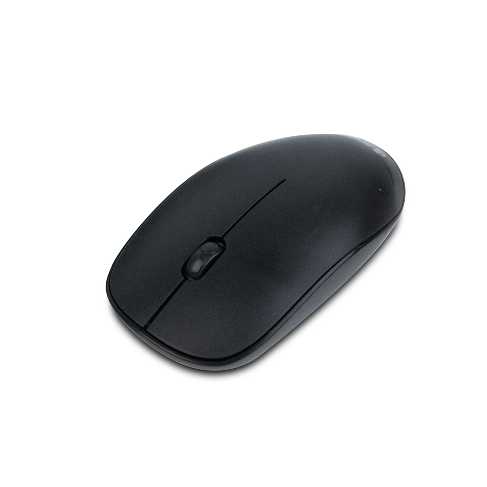 Un mouse nero su una superficie bianca. Il mouse ha una rotellina e due pulsanti. Lo sfondo è bianco.