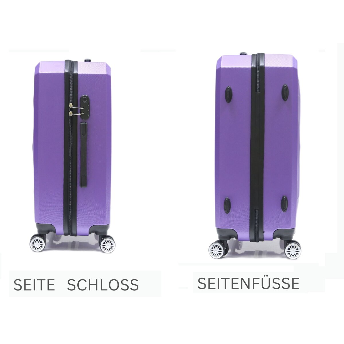 Zwei lilafarbene Koffer nebeneinander. Einer zeigt die Schlossseite, der andere die Fußseite, auf weißem Hintergrund.