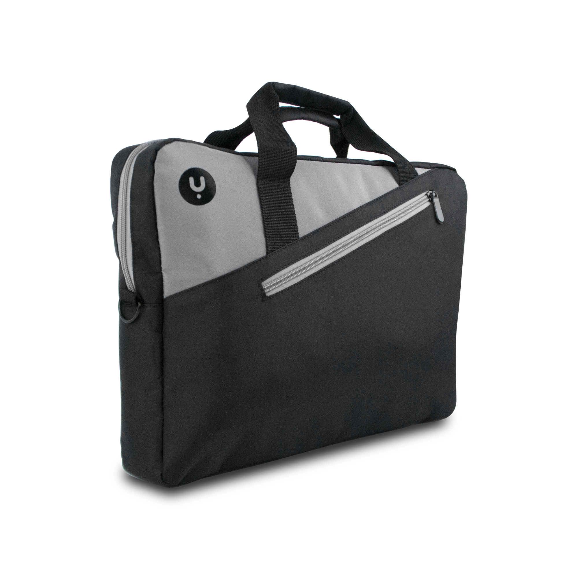 Una borsa per laptop nera e grigia con cerniera e manico. La borsa ha un logo.