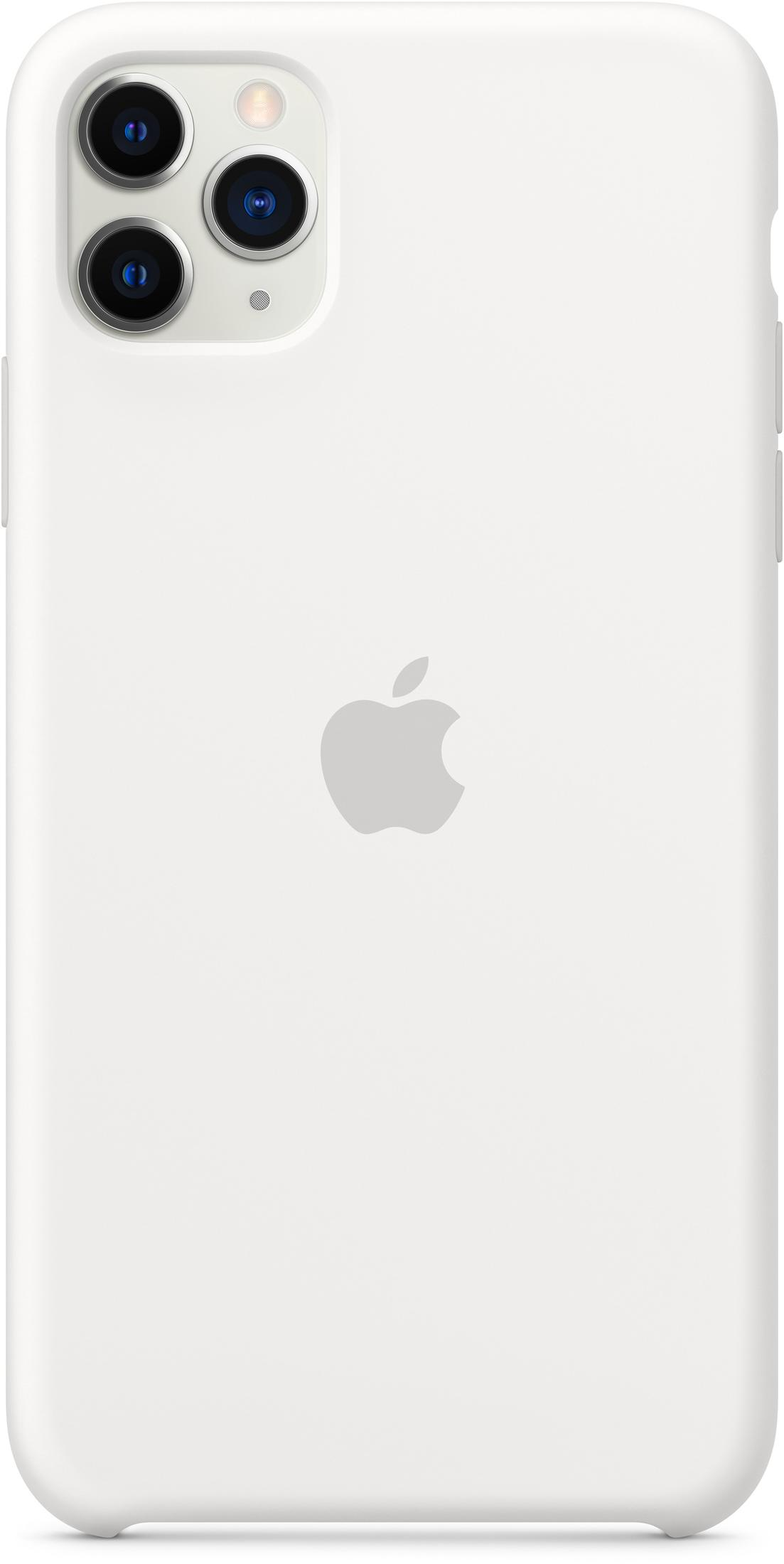 Eine weiße iPhone-Hülle mit dem Apple-Logo in der Mitte. Drei Kameras oben links. Die Hülle hat abgerundete Kanten.