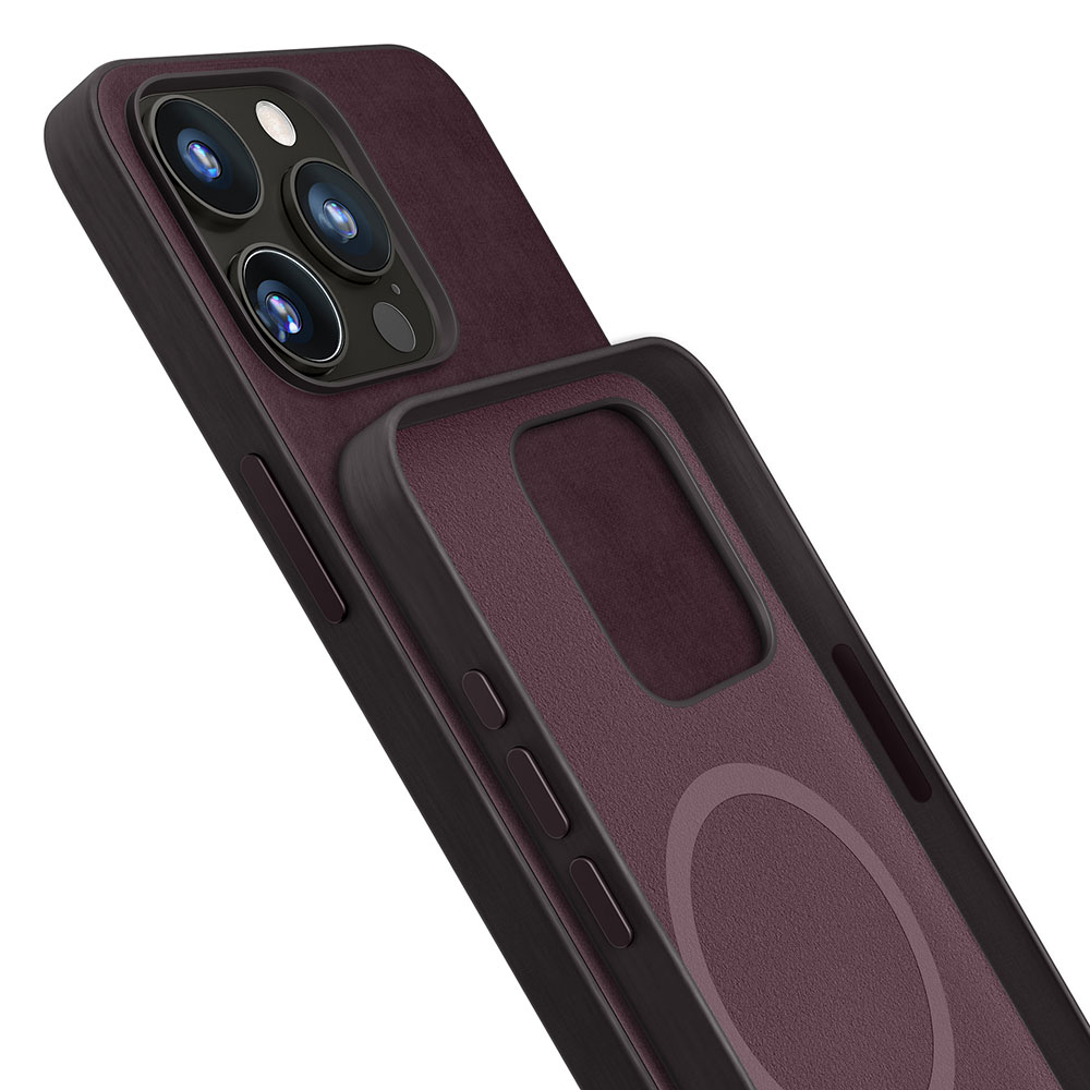 Zbliżenie etui na telefon z głębokim bordowym wnętrzem i czarną ramką. Etui ma wycięcie na aparat i boczne przyciski.