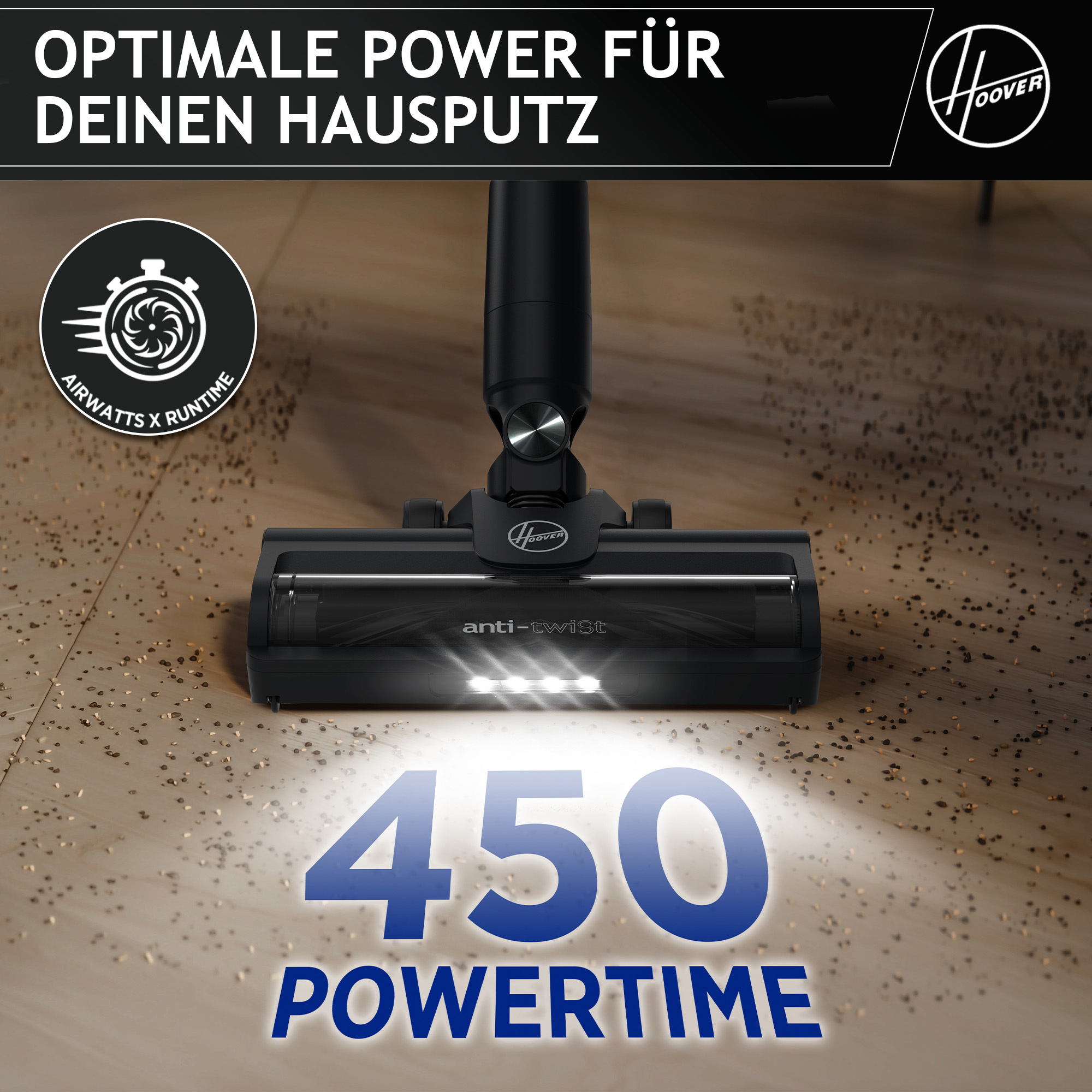 Cabezal de aspiradora negro sobre piso de madera, iluminado por un foco. Texto: '450 POWERTIME'.