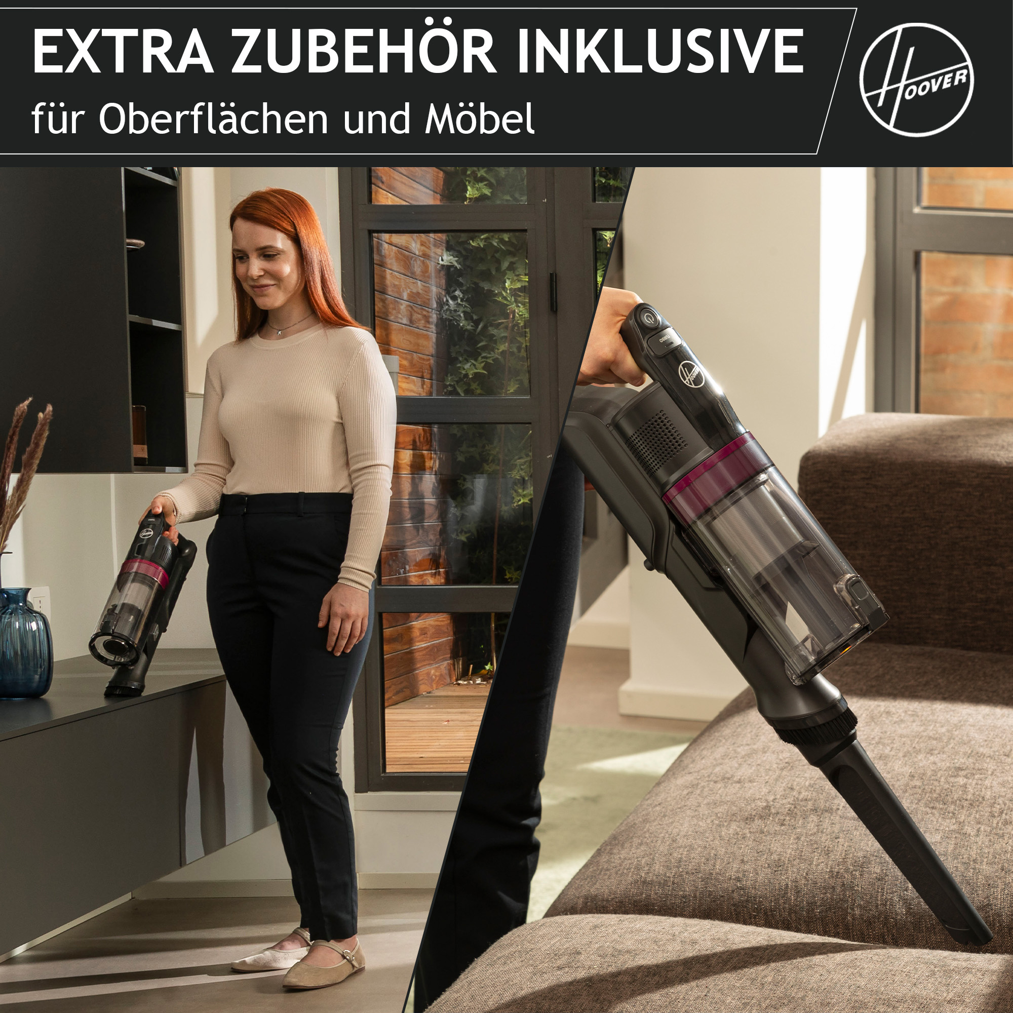 Eine Frau hält einen kabellosen Staubsauger. Der Staubsauger ist schwarz und lila. Der Hintergrund zeigt eine Couch und ein Fenster.