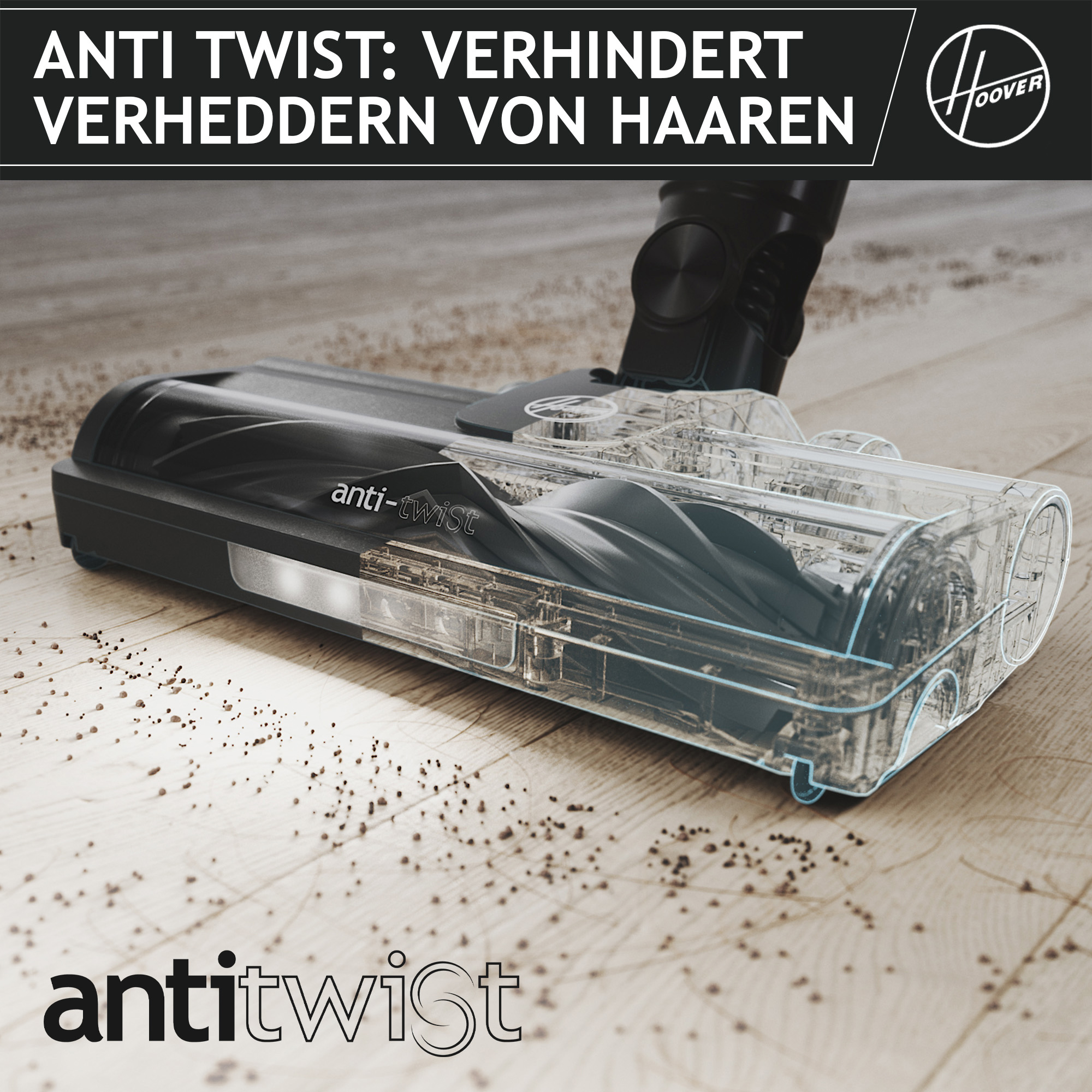 Cabezal de aspiradora con función 'anti-enredos' en suelo de madera. El texto dice 'ANTI TWIST: VERHINDERT VERHEDDERN VON HAAREN'.
