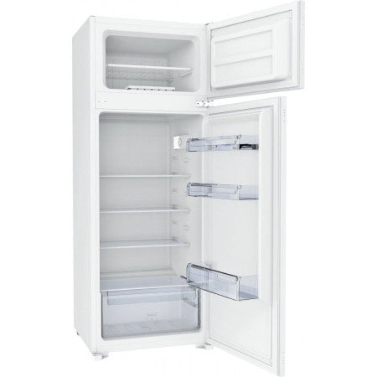 Un frigorifero bianco con la porta aperta, che rivela ripiani, cassetti e un vano congelatore aperto in alto. L'interno è vuoto.