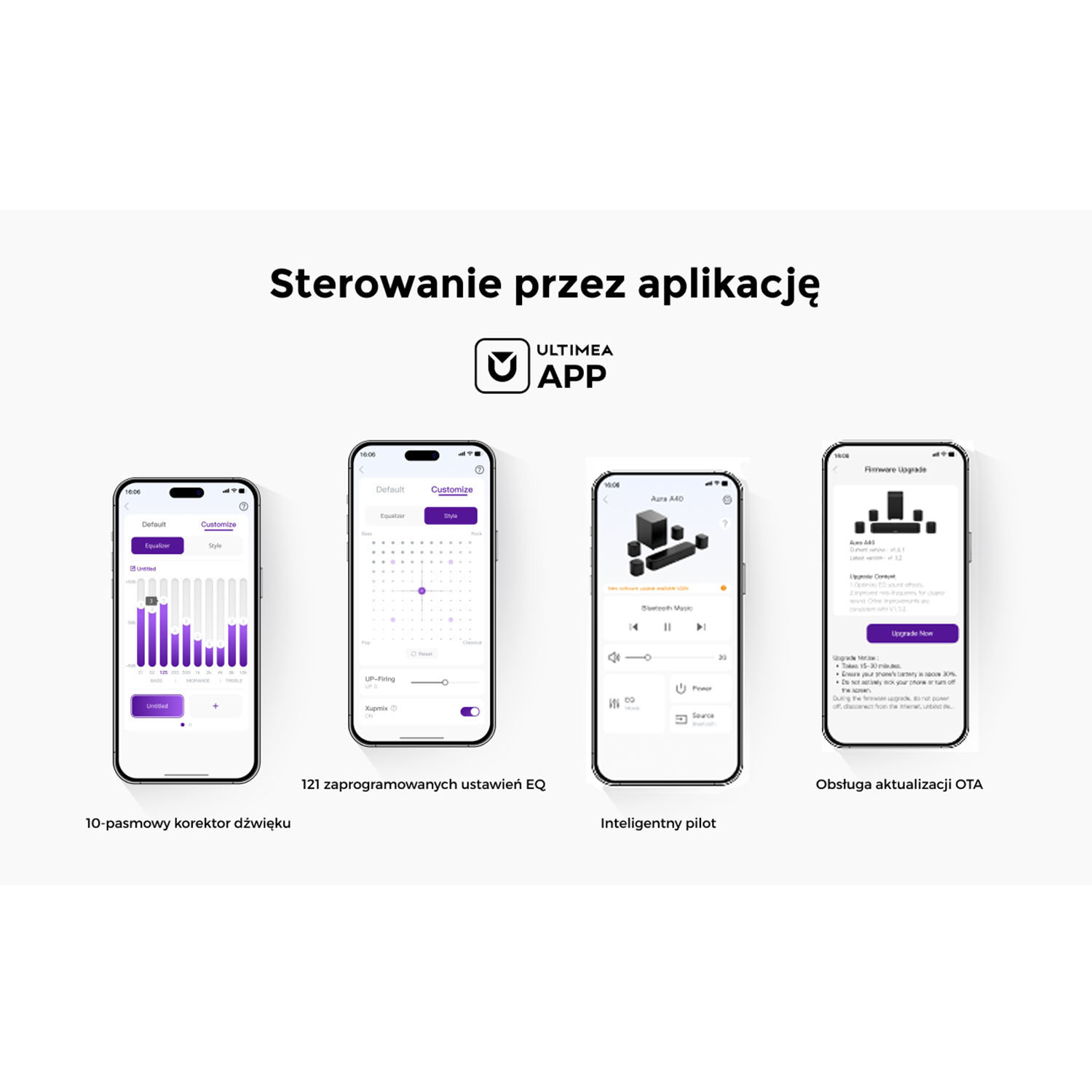 Ekrany wyświetlające funkcje aplikacji. Pokazuje ustawienia EQ, pilota i opcje aktualizacji oprogramowania układowego.