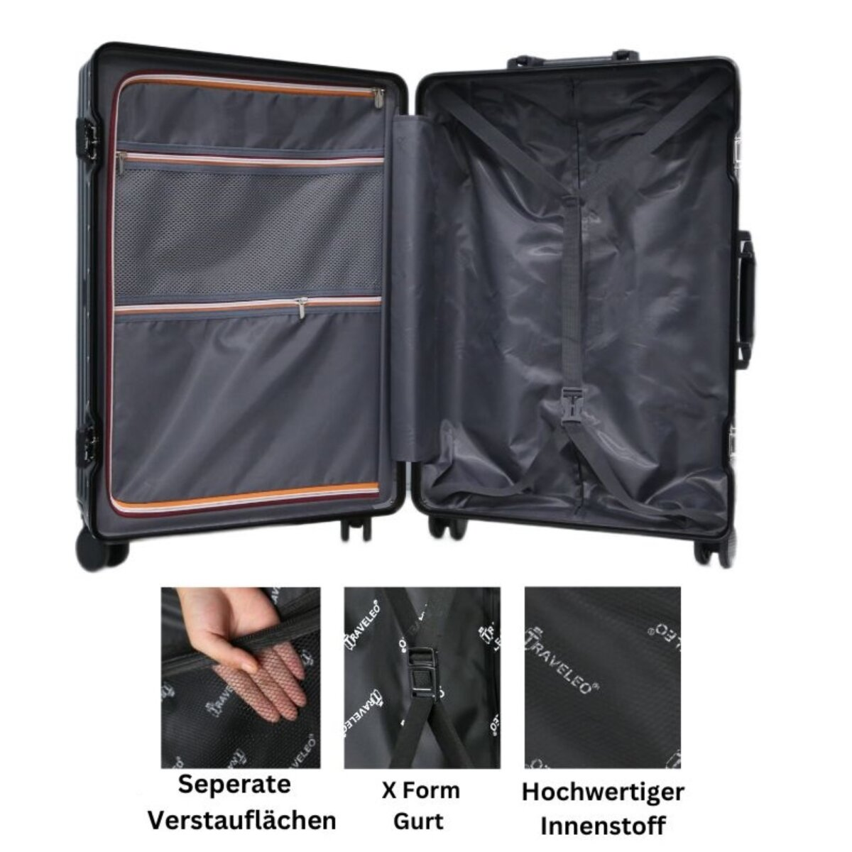 Offener Koffer mit Fächern und Gurten. Details umfassen Netztaschen, X-förmige Gurte und hochwertiges Innenmaterial.